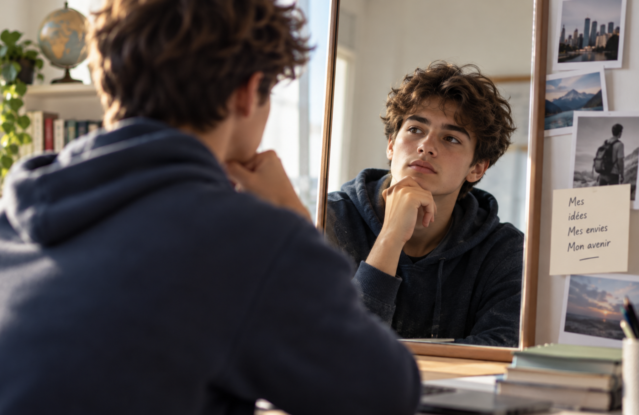 lycéen qui se regarde dans un miroir pour mieux se connaître