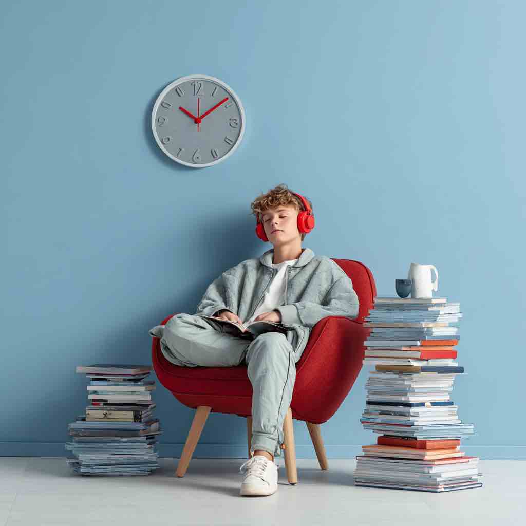 un adolescent assis sur une chaise qui porte un casque rouge sur les oreilles et une seule pile de livres posés à coté de sa chaise. mur bleu pastel et une horloge design au mur --v 7 Job ID: 5abf163d-abed-4b60-9e94-eb00e9b67dea